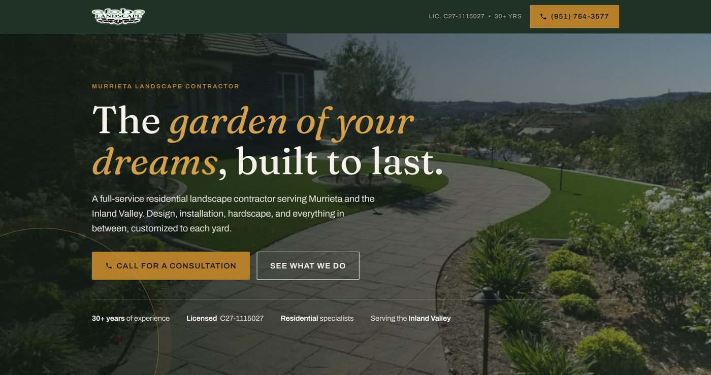 Redesigned Aloha Landscape homepage: full-bleed photo of a paver walkway behind the headline &lsquo;The garden of your dreams, built to last&rsquo;