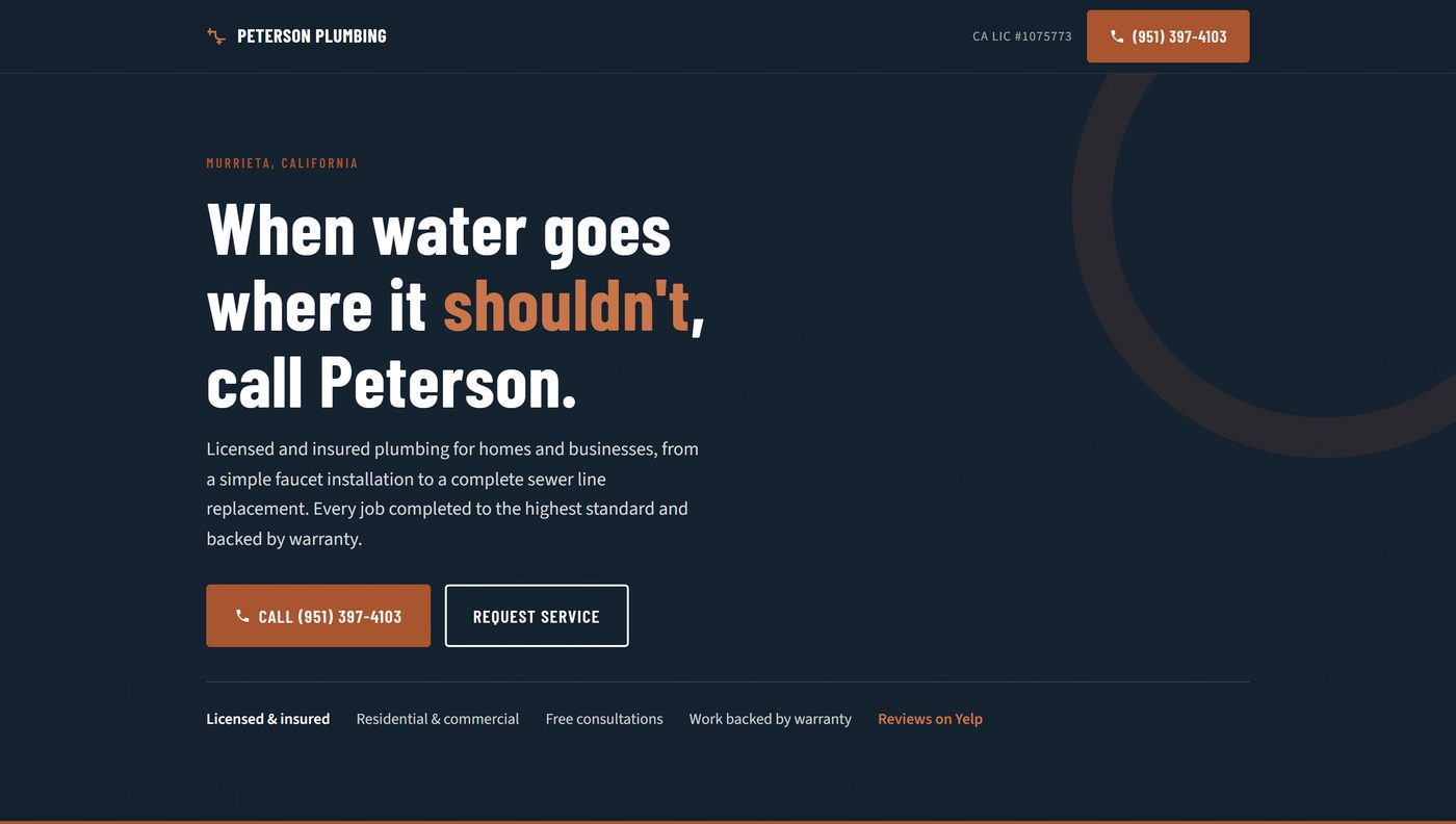 Redesigned Peterson Plumbing homepage: dark hero reading &lsquo;When water goes where it shouldn&rsquo;t, call Peterson&rsquo; with a click-to-call button