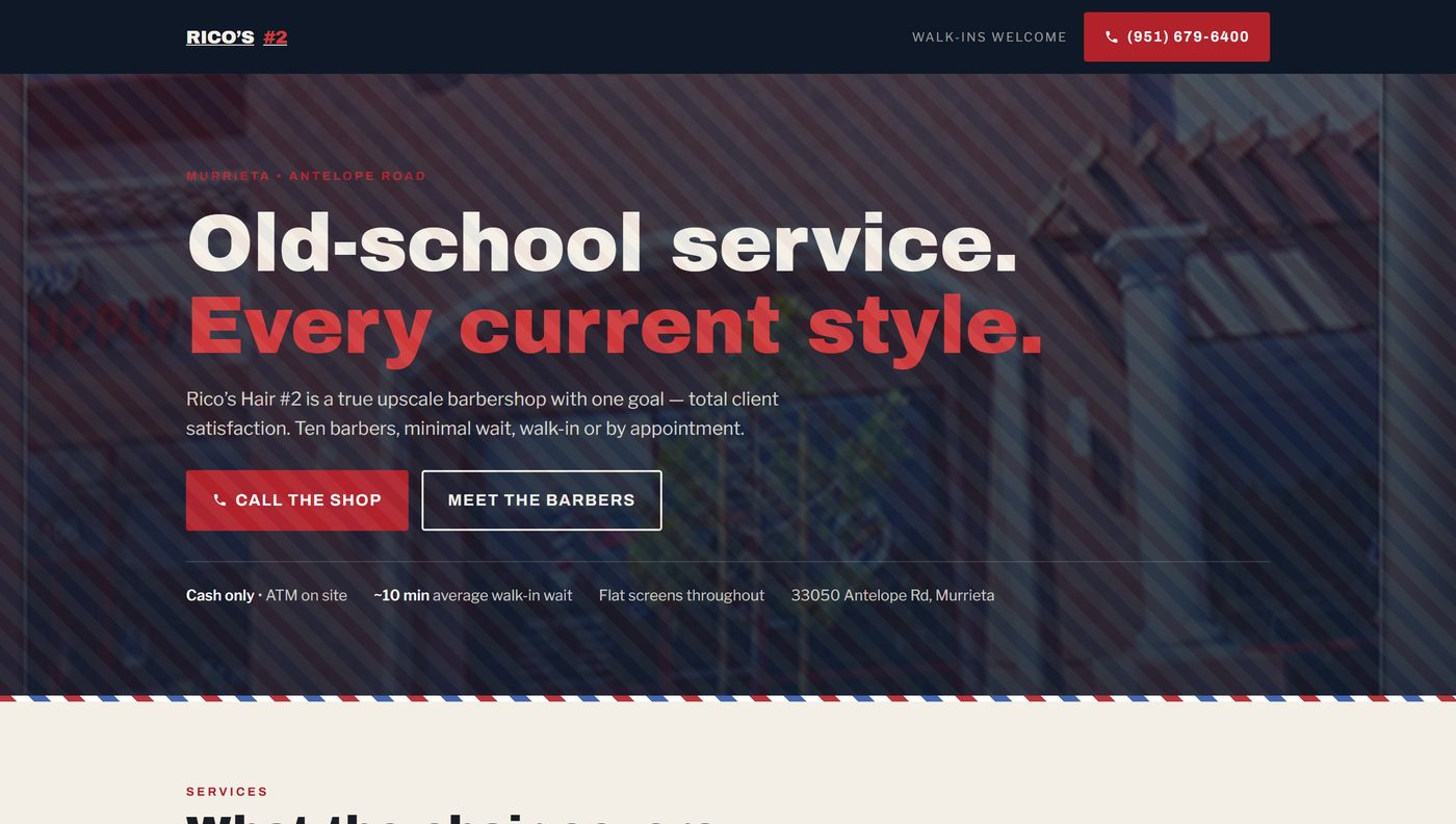 Redesigned Rico&rsquo;s Hair #2 homepage: storefront photo behind the headline &lsquo;Old-school service. Every current style.&rsquo;